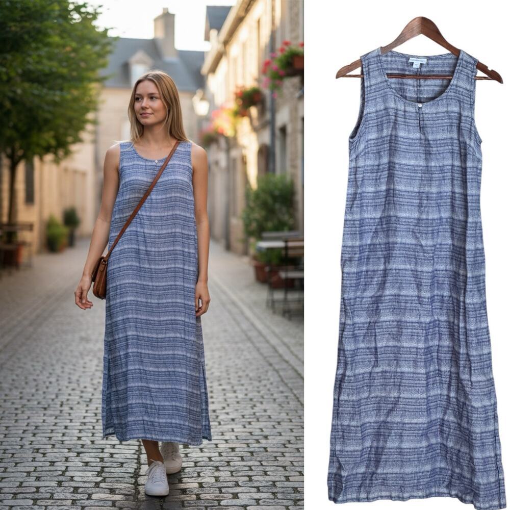 J.Jill Blue Linen Maxi Dress Sleeveless Coastal Minimalist Summer Boho